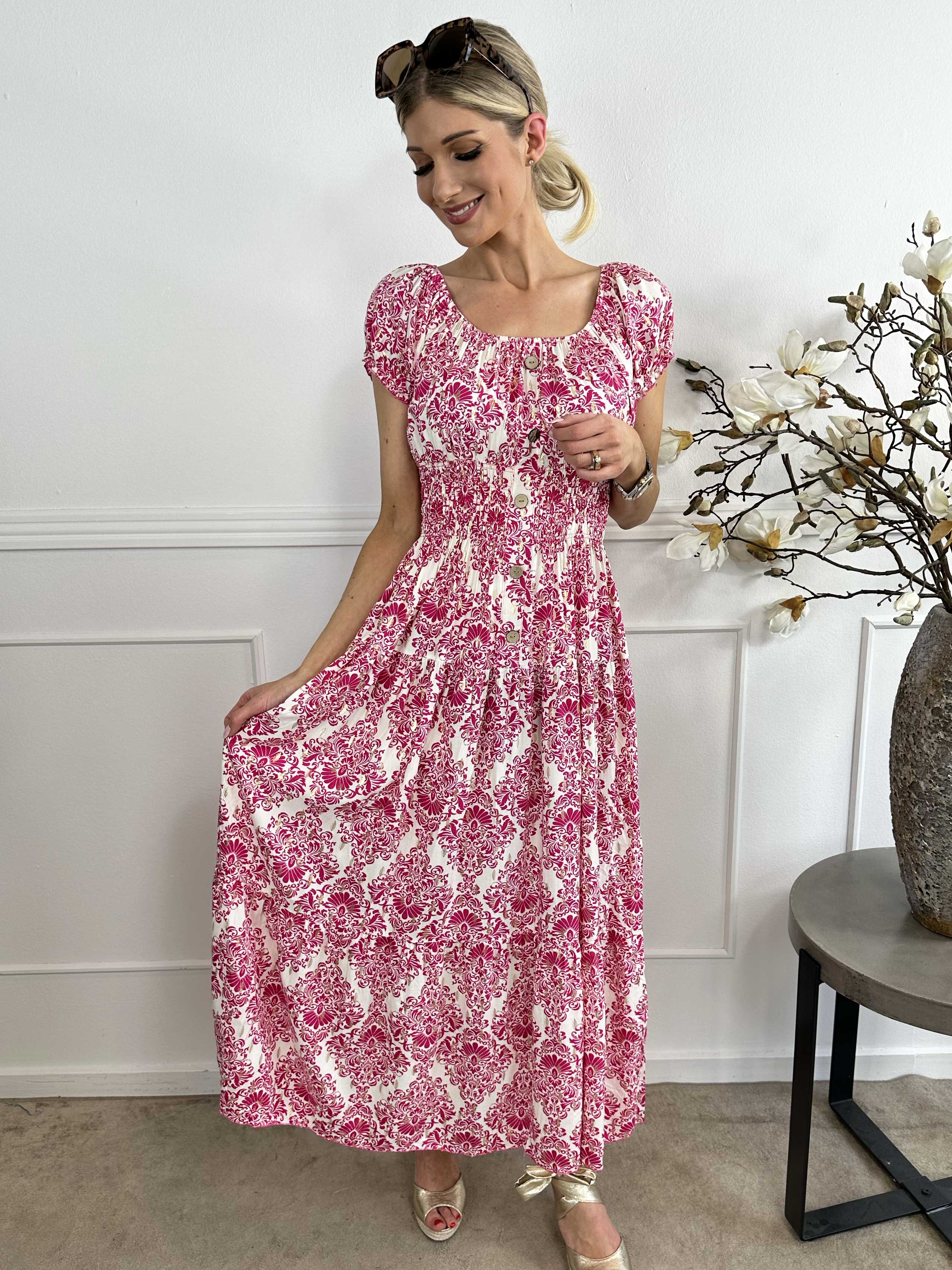 Elise - Lång mönstrad klänning med elastisk halsringning